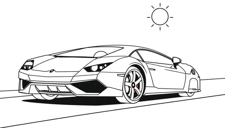 Un coche deportivo Lamborghini listo para colorear, con líneas gruesas y sencillas, y una placa de color al lado.