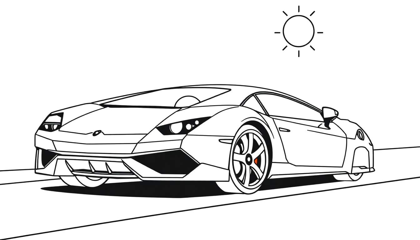 Un coche deportivo Lamborghini listo para colorear, con líneas gruesas y sencillas, y una placa de color al lado.