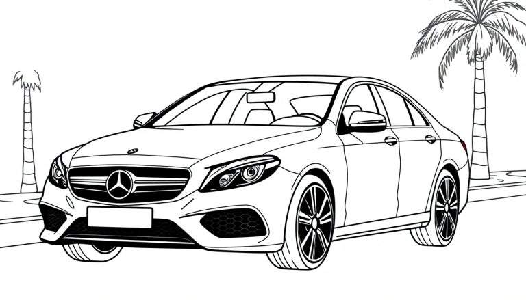 Un coche Mercedes-Benz listo para colorear con su placa de color.