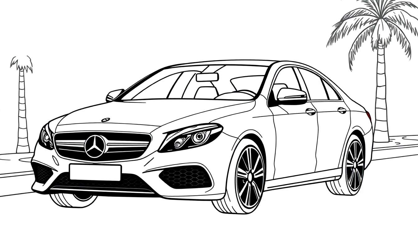Un coche Mercedes-Benz listo para colorear con su placa de color.