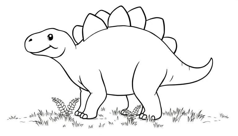 Un Estegosaurio de caricatura sonriente con grandes placas dorsales, listo para ser coloreado, en un prado.