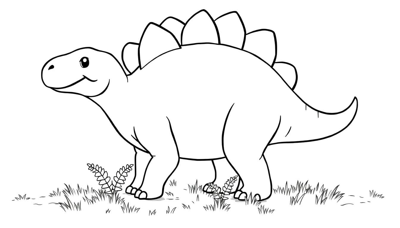 Un Estegosaurio de caricatura sonriente con grandes placas dorsales, listo para ser coloreado, en un prado.