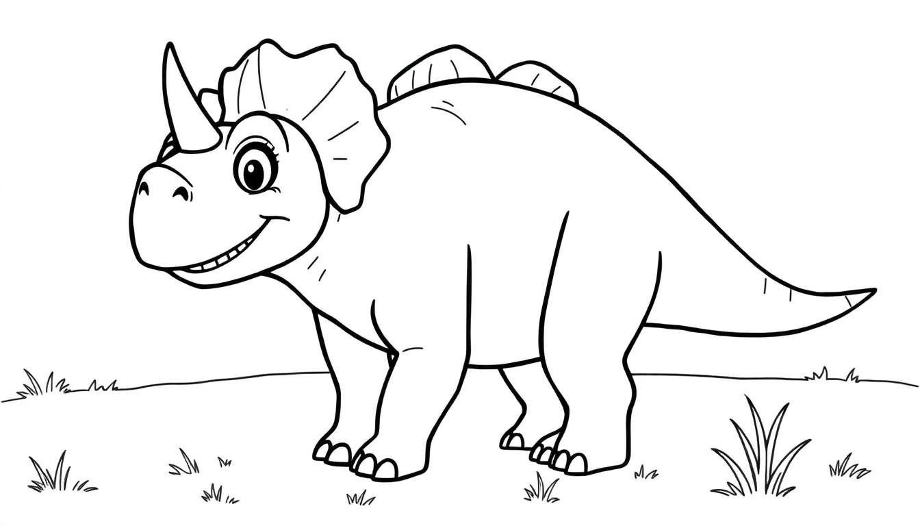 Un dibujo lineal en blanco y negro de un Triceratops sonriente con un gran volante y un cuerno en la nariz, de pie en un campo de hierba baja, listo para ser coloreado. Esta imagen es una invitación a la diversión con la placa de color.