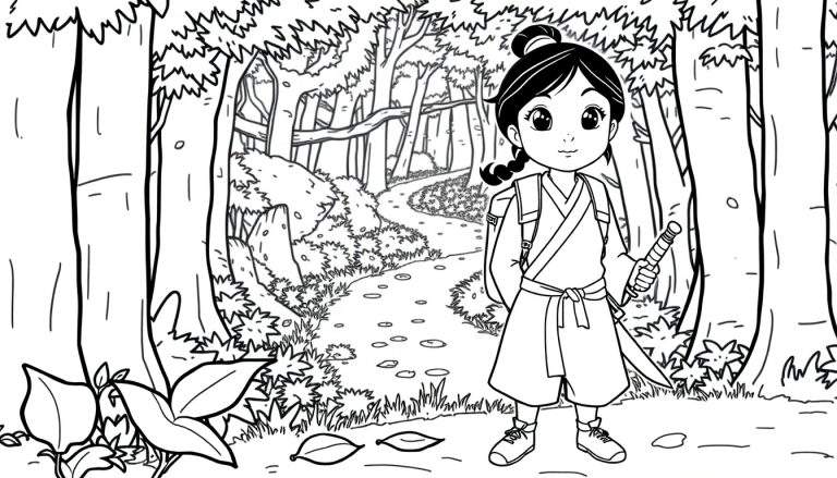 Una placa de color de Mulan lista para la aventura en un bosque.