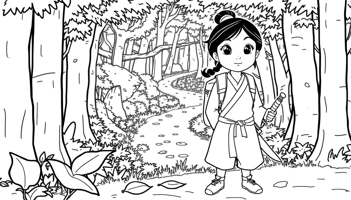 Una placa de color de Mulan lista para la aventura en un bosque.