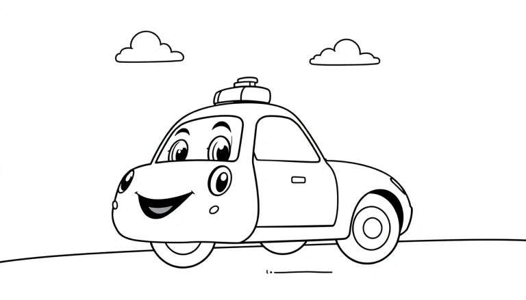 Un coche de policía de dibujos animados sonriente en blanco y negro, listo para colorear, con una placa de color en la parte superior.