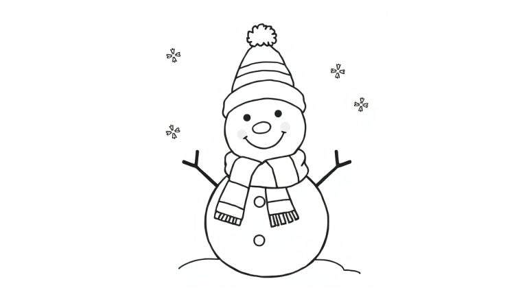 Página para colorear en blanco y negro de un muñeco de nieve amigable con sombrero a rayas y bufanda, parado sobre nieve, con copos de nieve de fondo. Placa de color.