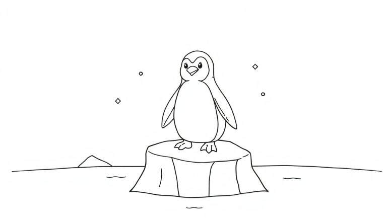 Dibujo para colorear de un pingüino de pie sobre un iceberg, con nieve cayendo y agua tranquila. La placa de color sugiere cómo pintarlo.