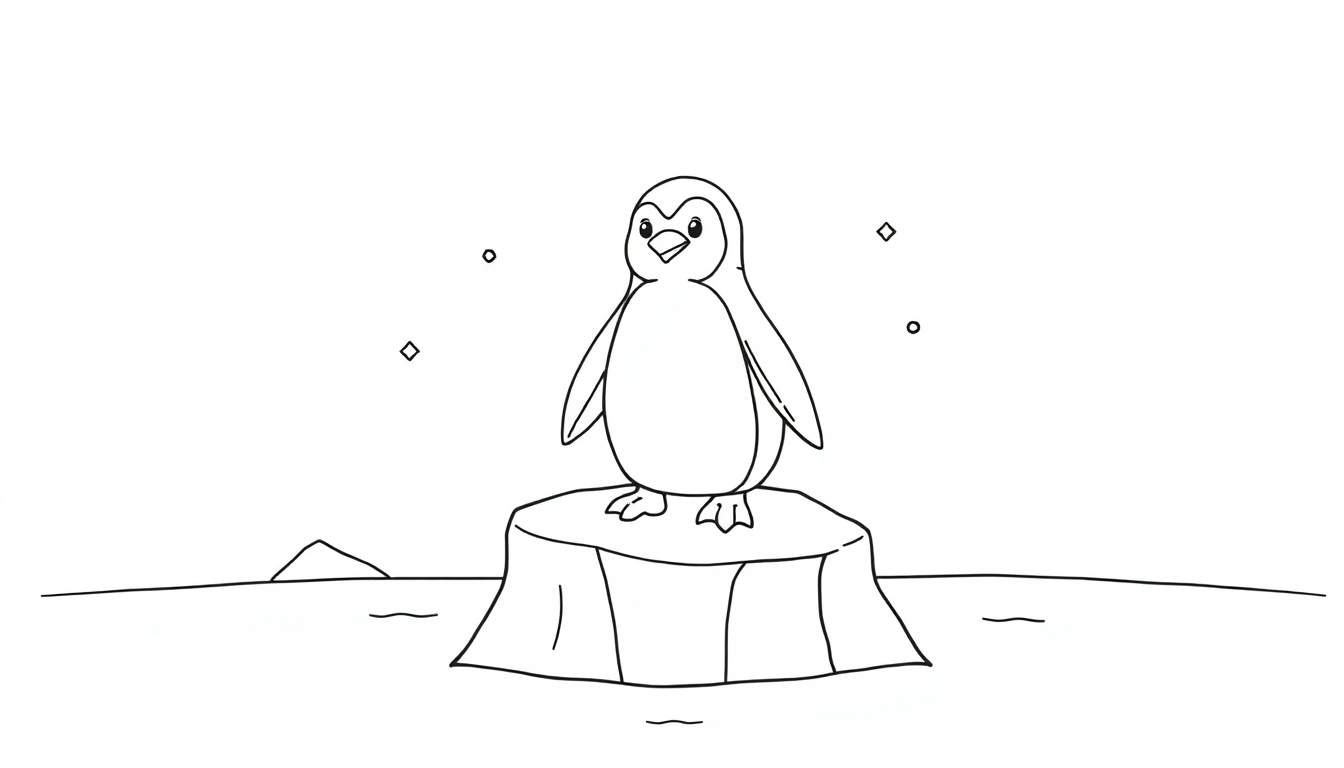 Dibujo para colorear de un pingüino de pie sobre un iceberg, con nieve cayendo y agua tranquila. La placa de color sugiere cómo pintarlo.