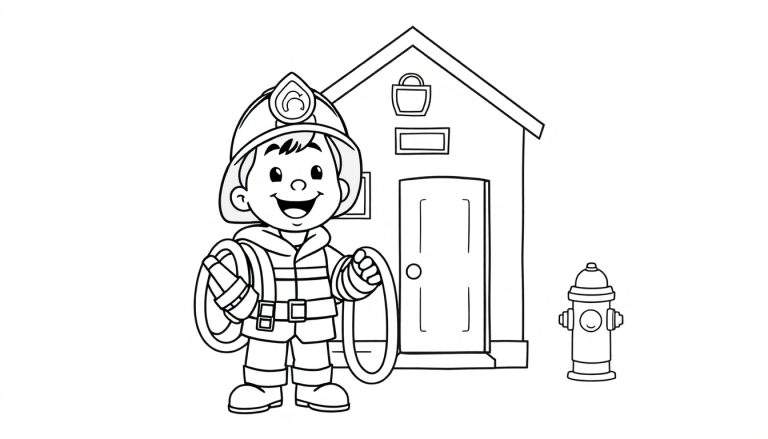 Un bombero de dibujos animados sonriente listo para colorear con un casco, una manguera y una pequeña casa detrás. Lleva una placa de color en su uniforme.