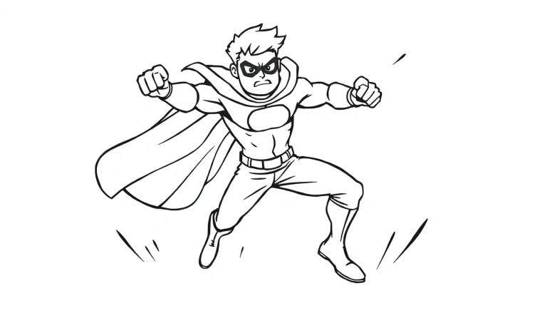 Superhéroe de dibujos animados listo para la acción, con un escudo en el pecho y capa ondeando, ideal para la placa de color.