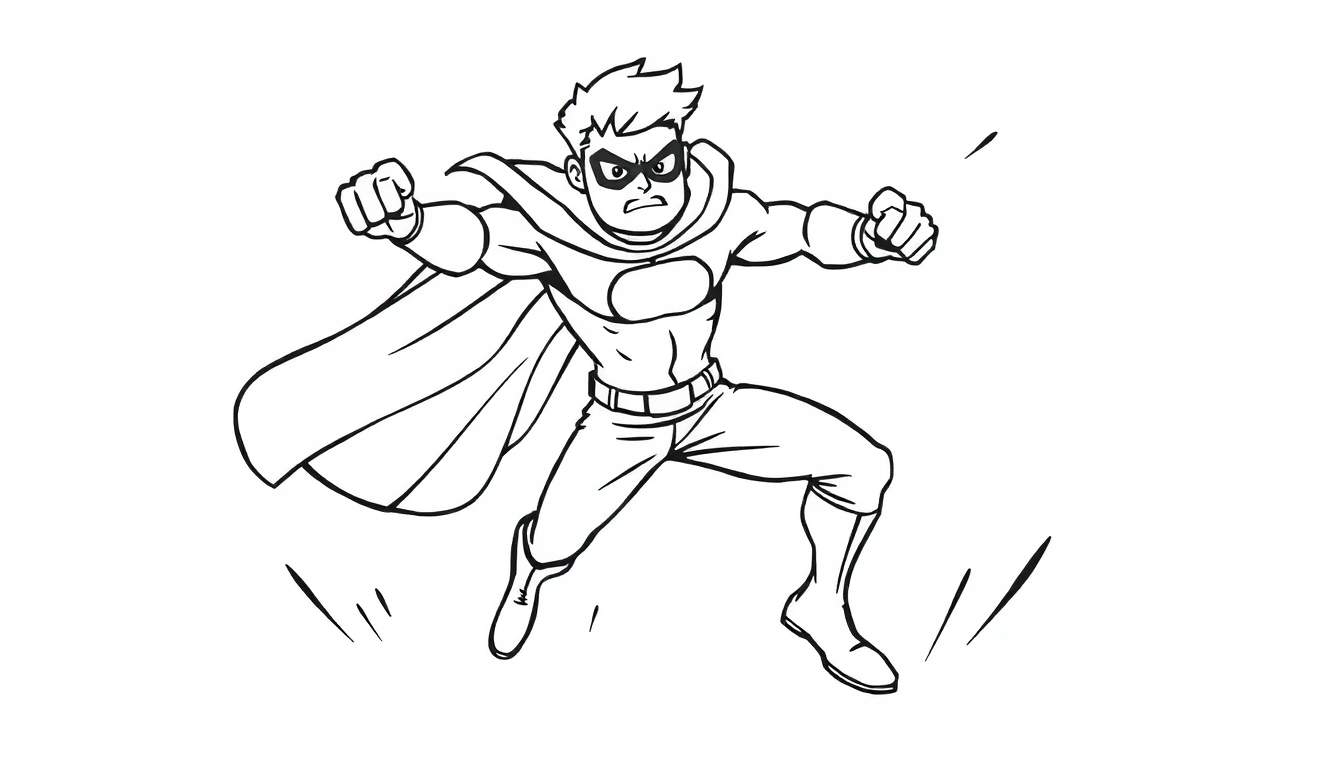 Superhéroe de dibujos animados listo para la acción, con un escudo en el pecho y capa ondeando, ideal para la placa de color.