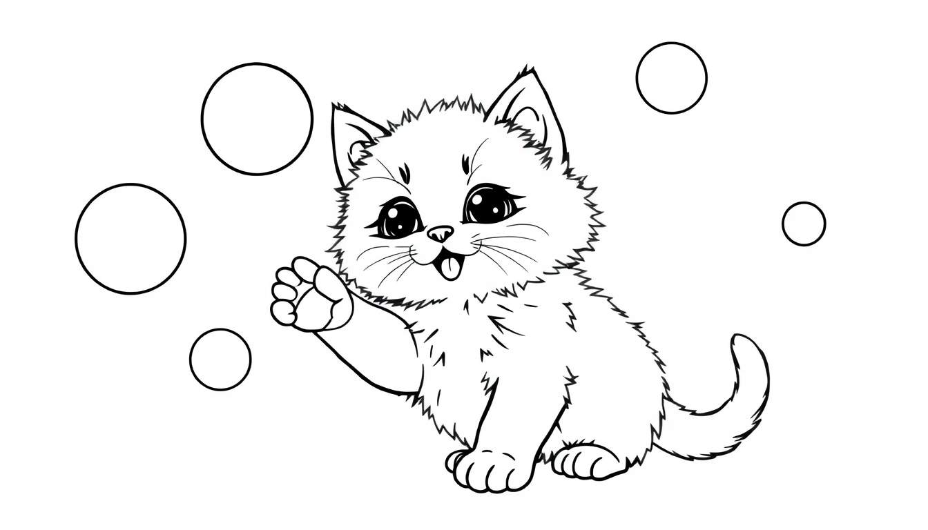 Placa de color para colorear de un gatito saludando con burbujas flotantes.