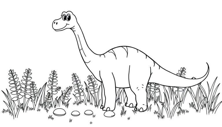 Placa de color de un dinosaurio herbívoro amigable de cuello largo.