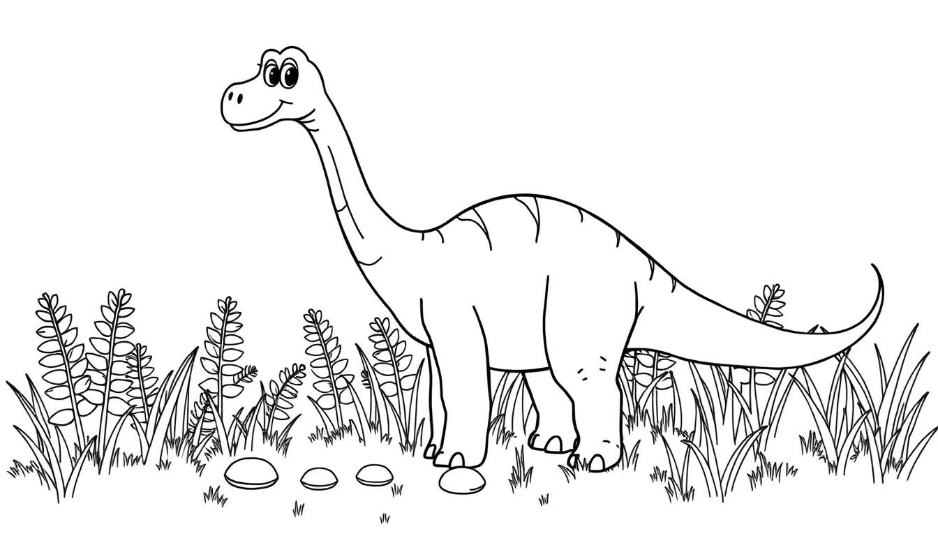 Placa de color de un dinosaurio herbívoro amigable de cuello largo.