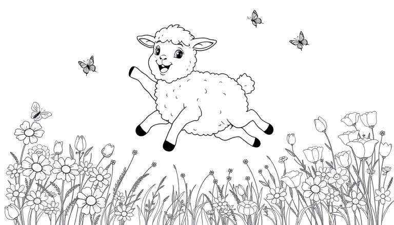 Un corderito de dibujo lineal salta en un campo de flores, con mariposas revoloteando. Esta es una placa para colorear.