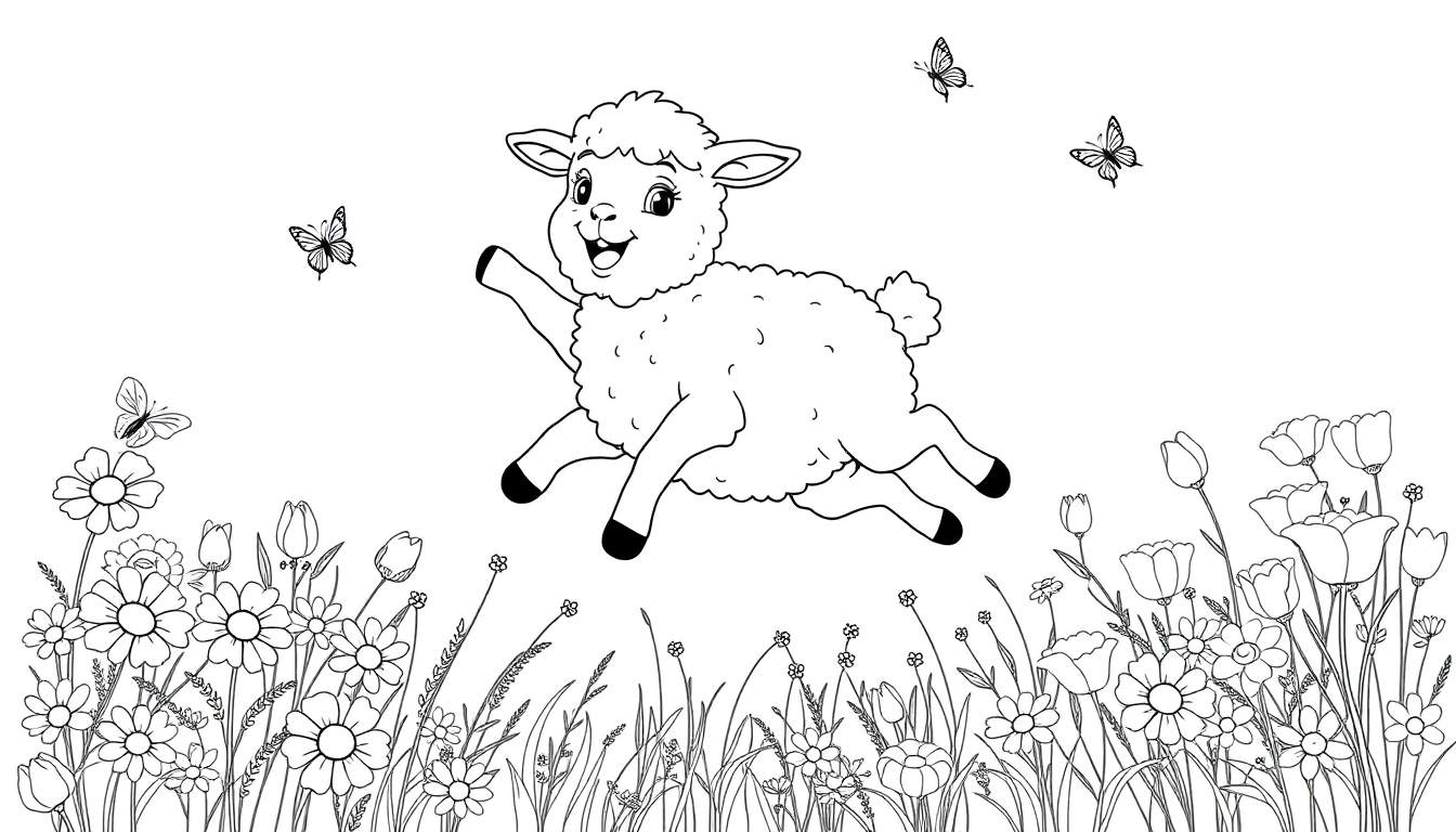 Un corderito de dibujo lineal salta en un campo de flores, con mariposas revoloteando. Esta es una placa para colorear.