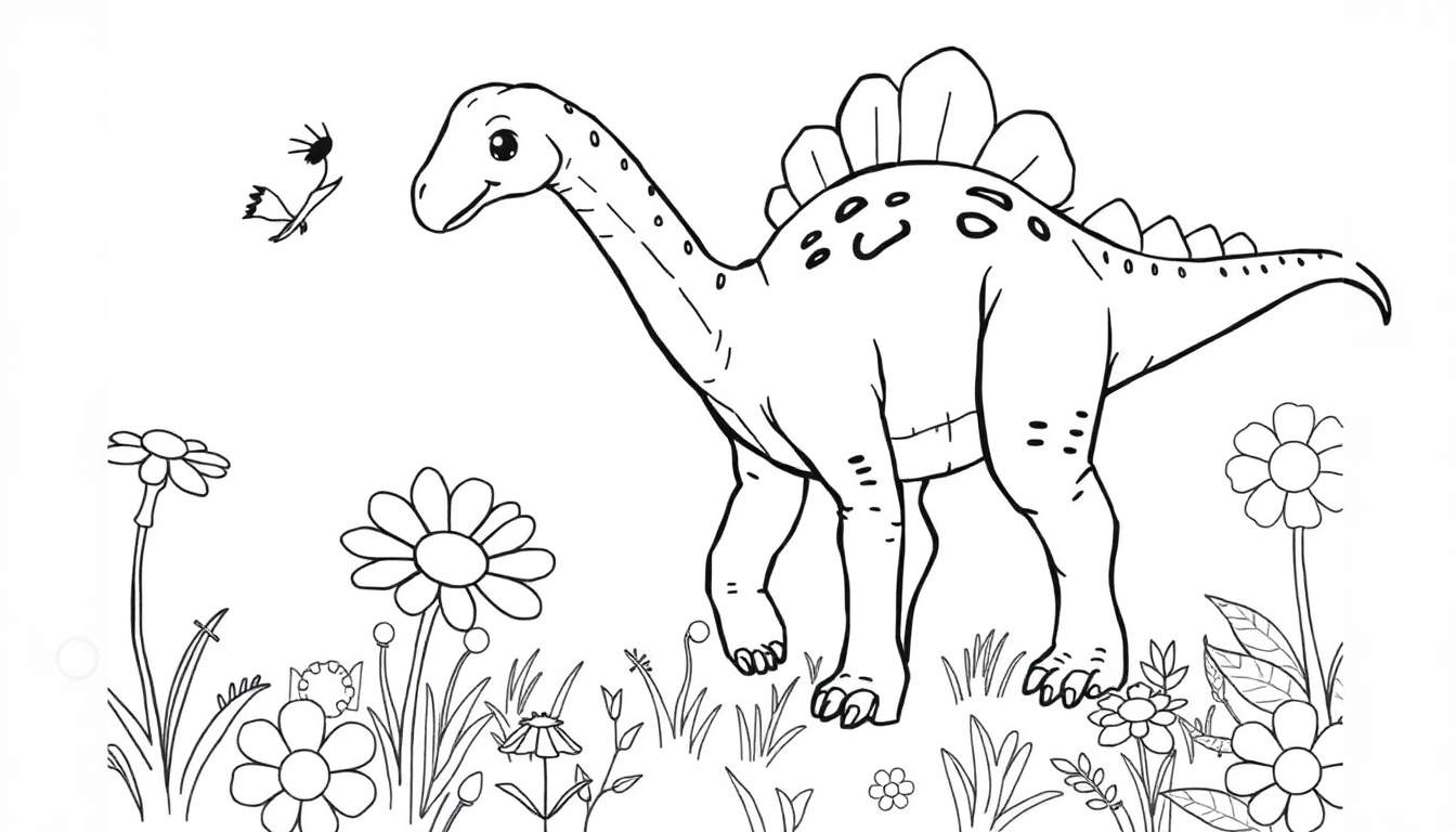 Un dibujo lineal de un estegosaurio amigable con placas en la espalda y una mariposa volando cerca, en un campo de flores.