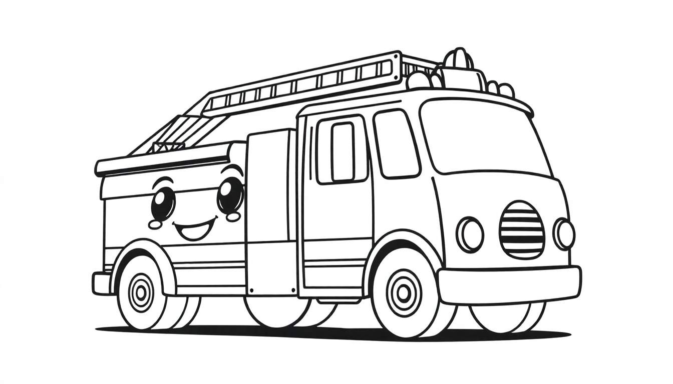 Dibujo lineal de un camión de bomberos amigable para colorear, con líneas gruesas y una expresión facial sonriente. Incluye una placa de color en la parte trasera del camión.