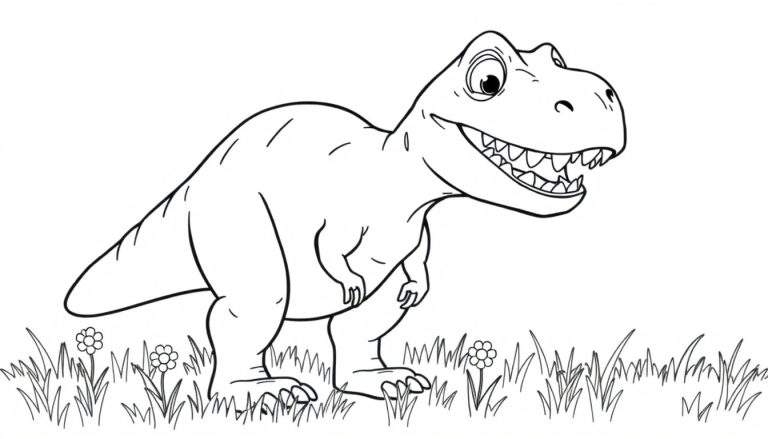 Dibujo de un T-Rex amigable listo para colorear con una placa de color.
