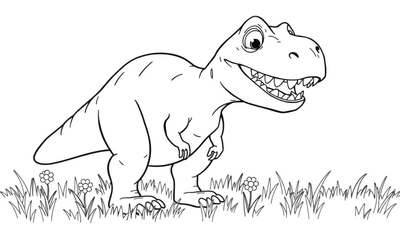 Dibujo de un T-Rex amigable listo para colorear con una placa de color.