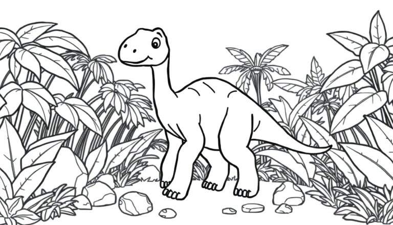 Un dibujo lineal en blanco y negro de un pequeño Braquiosaurio amigable caminando en una selva, listo para colorear, para niños.