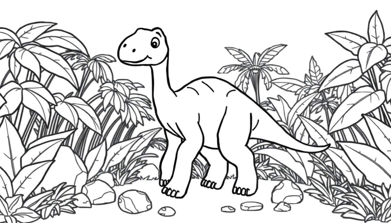 Un dibujo lineal en blanco y negro de un pequeño Braquiosaurio amigable caminando en una selva, listo para colorear, para niños.