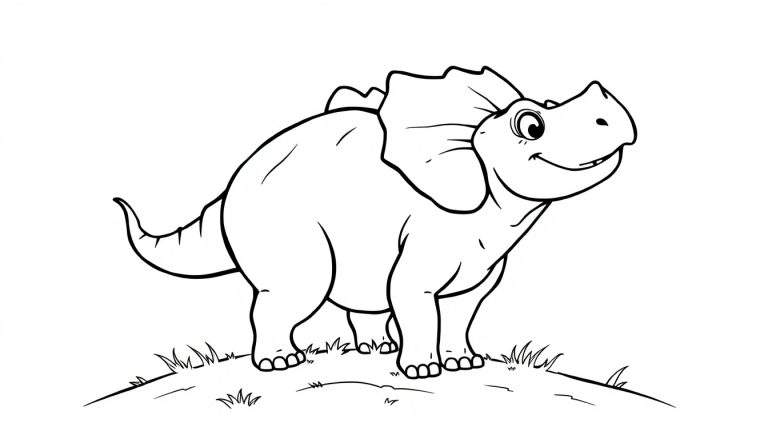 Un dibujo lineal de un Triceratops amigable, listo para colorear, en una placa de color simple.