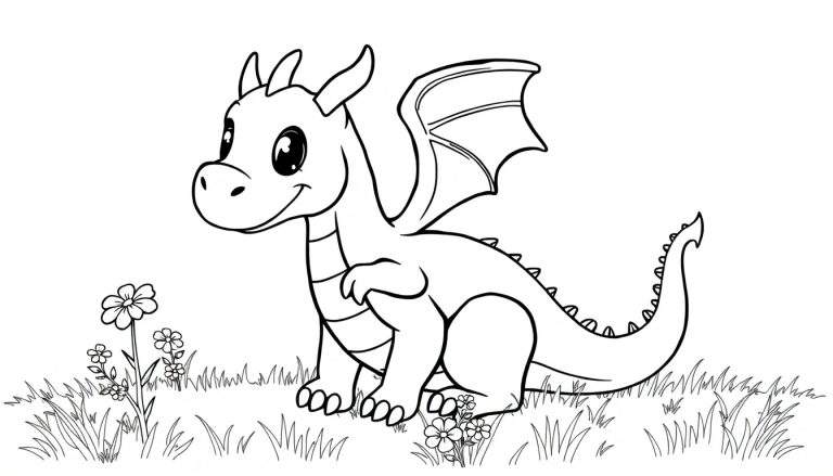 Un dibujo lineal de un dragón amigable, listo para ser coloreado, sentado en un campo de hierba, con una placa de color visible.