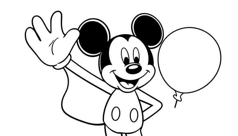 Placa de color de Mickey Mouse sonriendo con un globo.