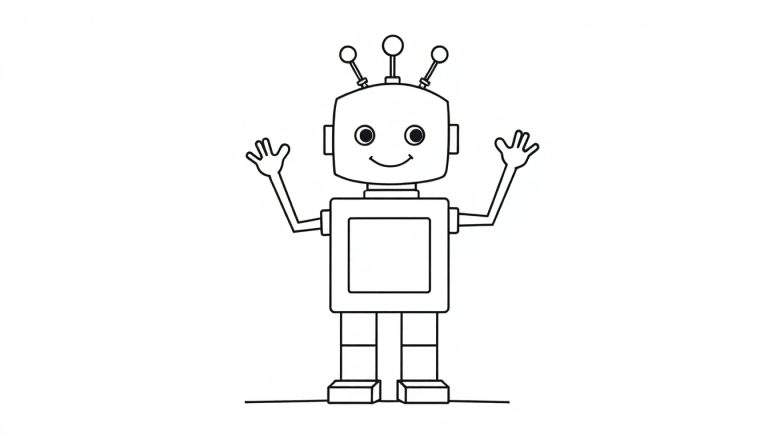 Robot amigable hecho de formas geométricas, listo para ser coloreado en la placa de color.