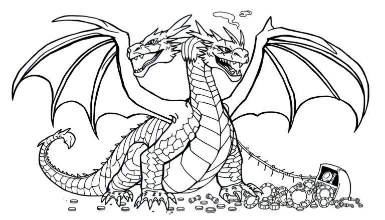 Dibujo de un dragón de dos cabezas listo para colorear, con escamas detalladas y alas anchas, frente a una pila de monedas y una máquina tragaperras rota. Placa de color.