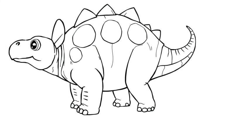 Un dibujo para colorear de un estegosaurio amigable con contornos negros, mostrando sus placas en la espalda y cola puntiaguda.