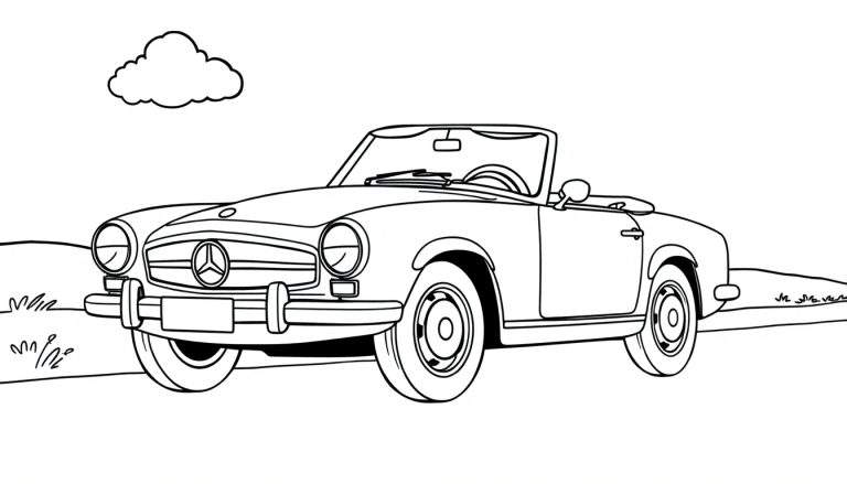 Un coche descapotable clásico para colorear, con líneas gruesas y sencillas.