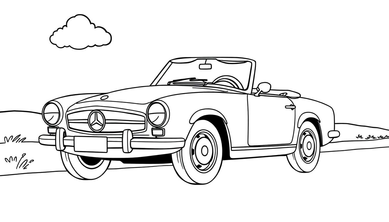 Un coche descapotable clásico para colorear, con líneas gruesas y sencillas.