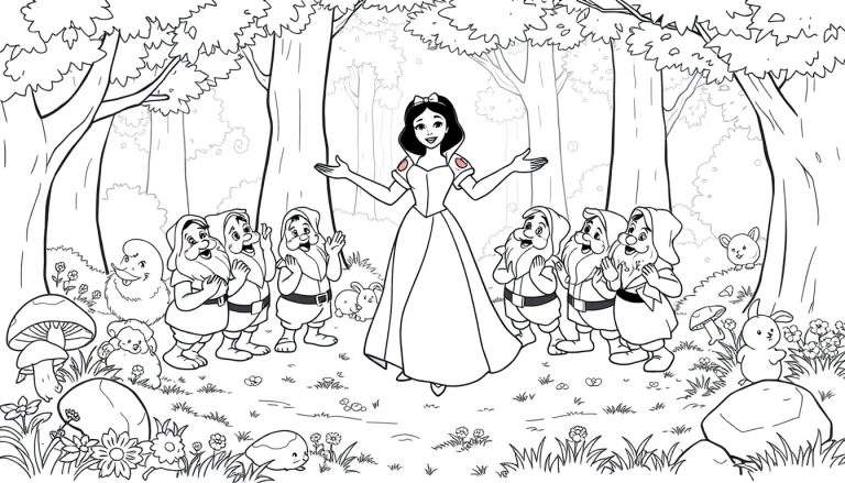 Placa de color de Blancanieves y los 7 enanitos cantando en el bosque.