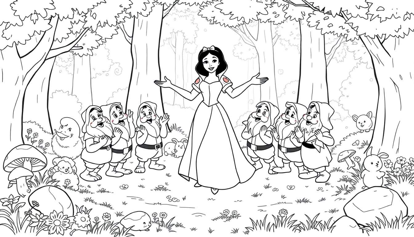 Placa de color de Blancanieves y los 7 enanitos cantando en el bosque.