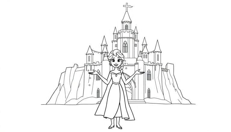 Dibujo para colorear de la Reina Elsa de Frozen, con una placa de color alrededor, de pie frente a su castillo de hielo.