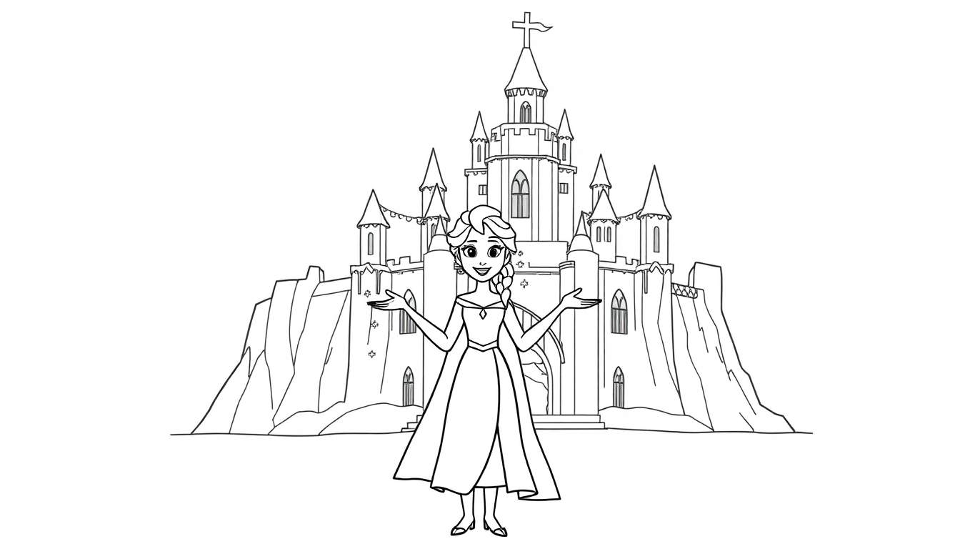 Dibujo para colorear de la Reina Elsa de Frozen, con una placa de color alrededor, de pie frente a su castillo de hielo.