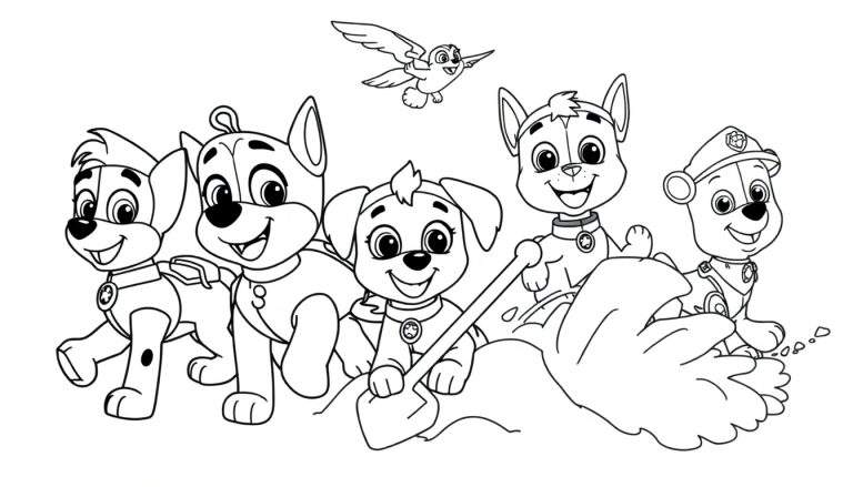 Dibujo para colorear de la Patrulla Canina con cachorros sonriendo y un pájaro, incluyendo una placa de color.