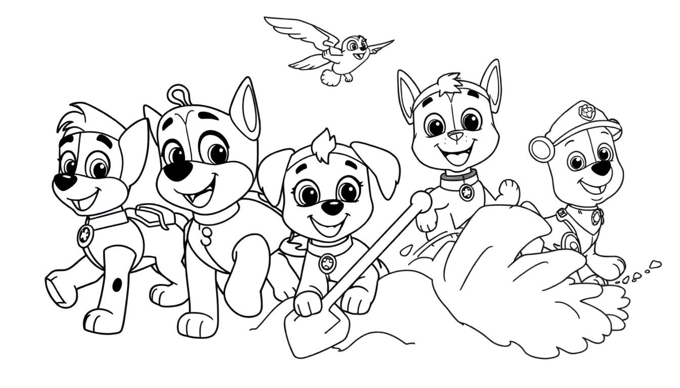 Dibujo para colorear de la Patrulla Canina con cachorros sonriendo y un pájaro, incluyendo una placa de color.