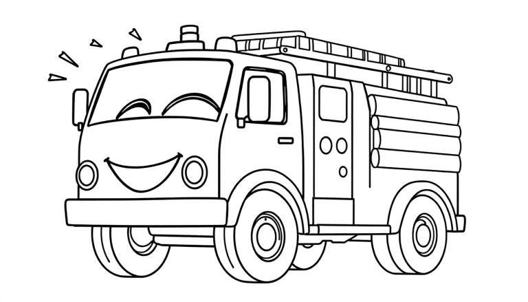 Un camión de bomberos de dibujos animados sonriente con una placa de color lista para ser pintada.