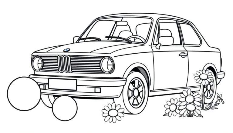 Un coche BMW antiguo con flores, listo para colorear, incluyendo la placa de color.