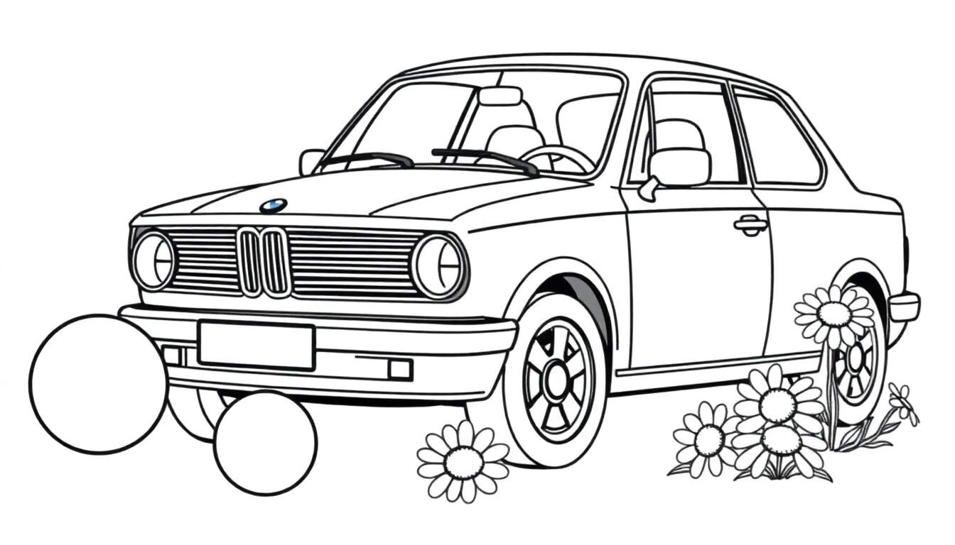 Un coche BMW antiguo con flores, listo para colorear, incluyendo la placa de color.