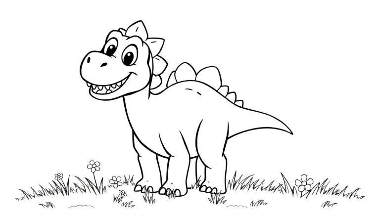 Estegosaurio de dibujos animados con placas de color en la espalda, sonriendo en un campo de flores.