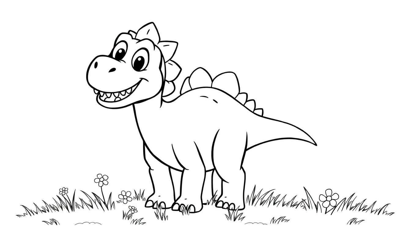 Estegosaurio de dibujos animados con placas de color en la espalda, sonriendo en un campo de flores.
