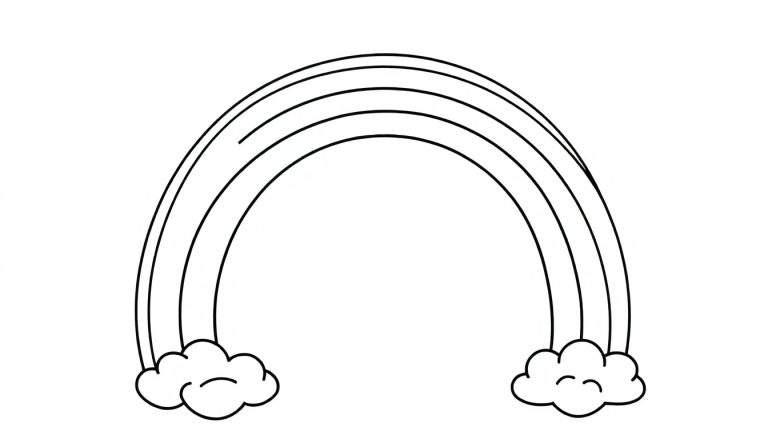 Placa de color de un arcoíris lineal con cuatro arcos y dos nubes sonrientes.