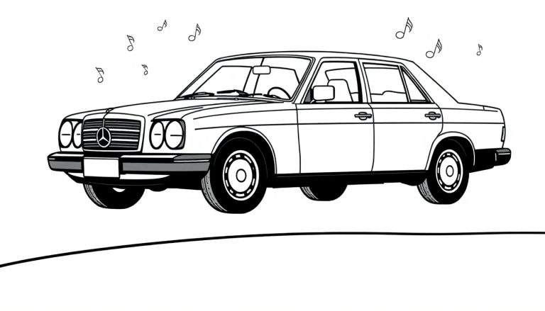 Un coche Mercedes-Benz clásico en blanco y negro con notas musicales flotando.