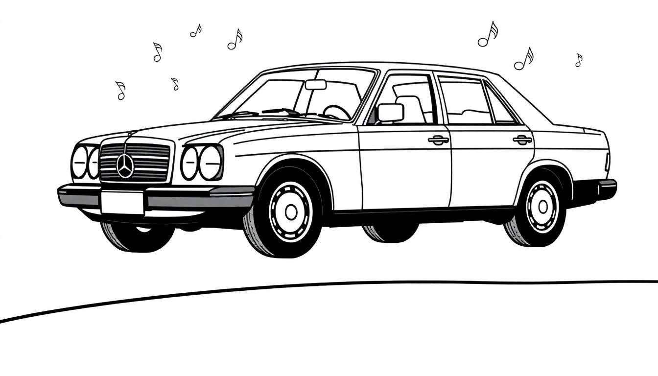 Un coche Mercedes-Benz clásico en blanco y negro con notas musicales flotando.