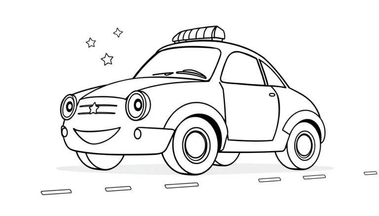Un coche de policía feliz para colorear con una placa de color imaginaria.